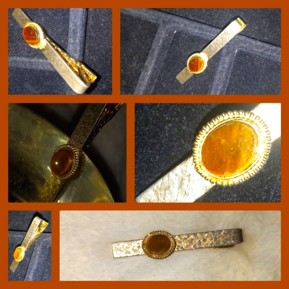Vintage Gold Tie Bar/Clip With Oval Eye Of the Tiger Stone